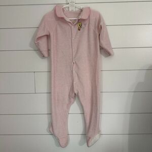 Vintage Baby Looney Tunes Embroidered Tweety Bird Footed Pajamas Pink 24 Months